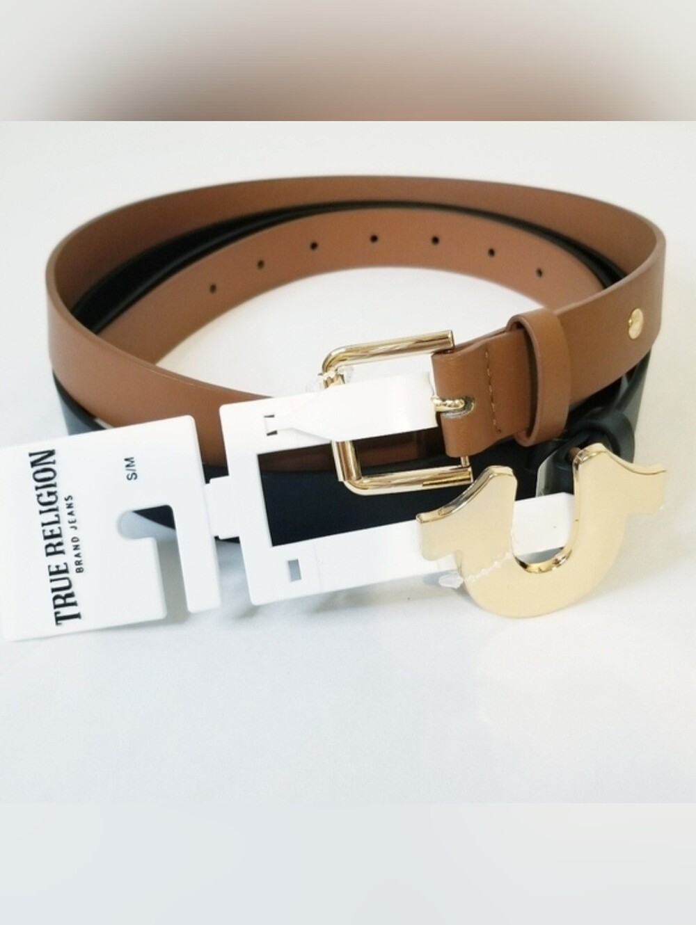 True Religion 2-Piece Belt Brown and Black Faux Leather Belt Gold Buckle NWT S/M